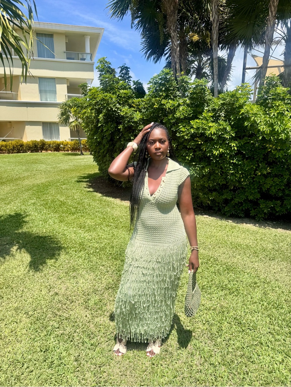 Fashion Nova Sage Green Sleeveless Fringe Maxi Dress